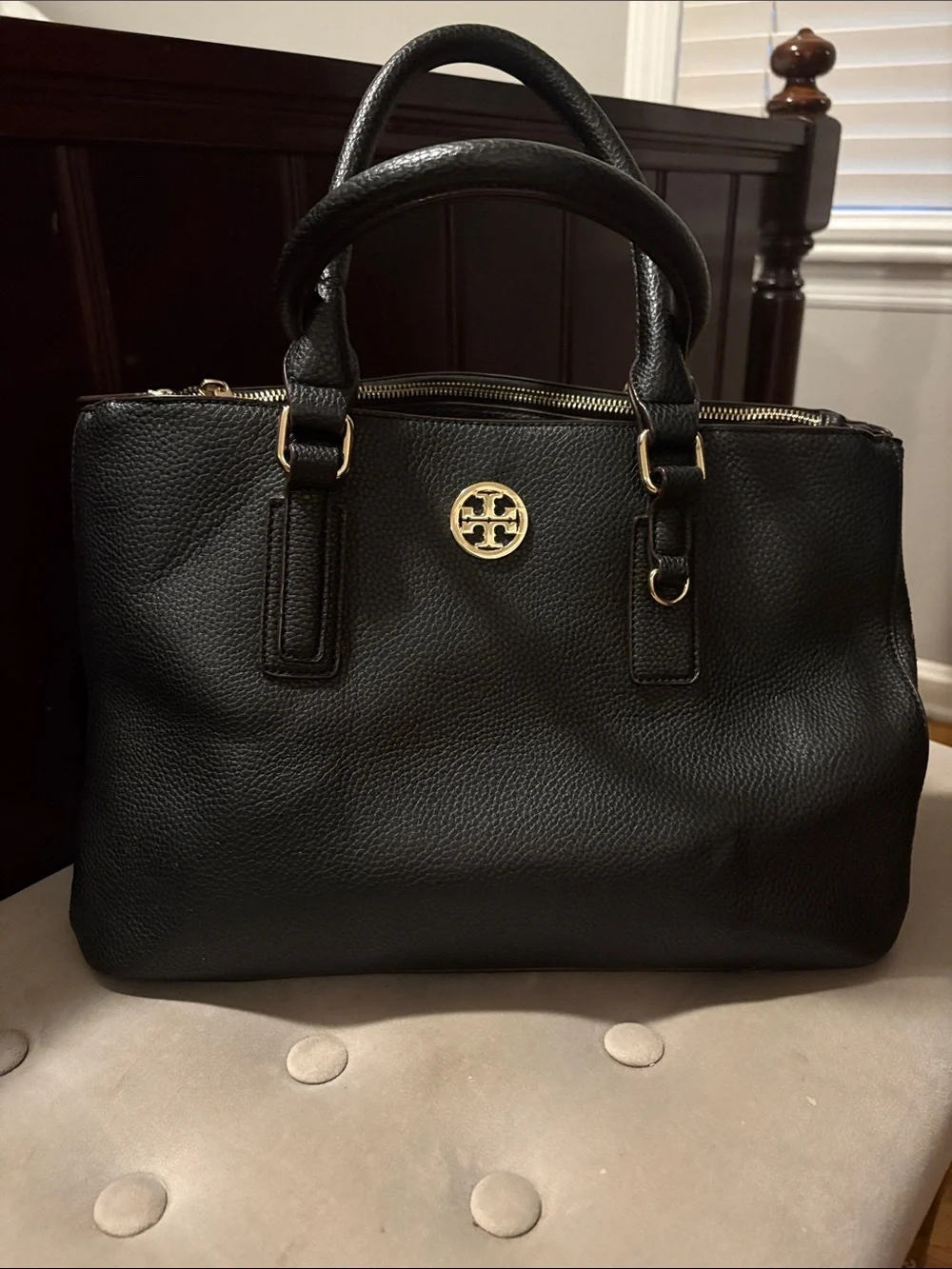 Tory Burch Black Pebbled Leather Satchel with Gold Logo